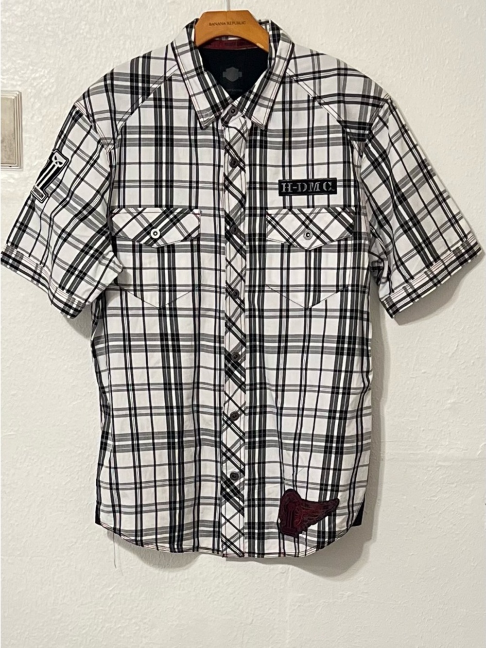 Harley-Davidson Black & White Plaid Short Sleeve Button-Up Shirt Patches